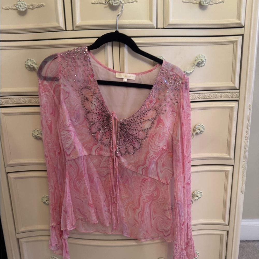 LoveShackFancy Pink Blouse with Sheer Fabric and Embellishments
